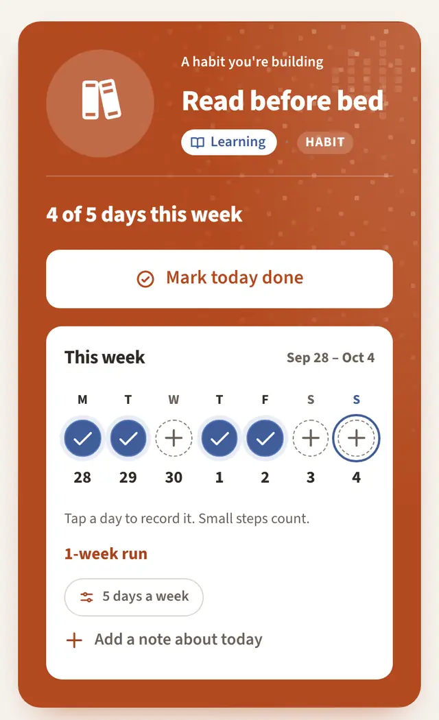 A habit in Yarvy: Read before bed, 4 of 5 days this week, with Monday, Tuesday, Thursday, and Friday checked.